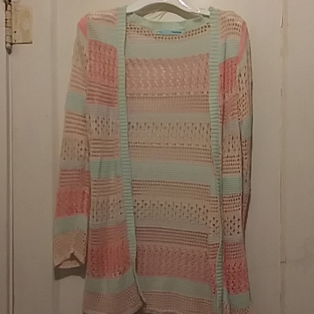Long, pink and white cardigan